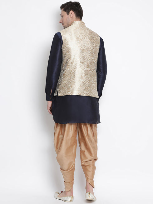 Vastramay Men's Navy Blue Jacquard Jacket With Kurta Dhoti Set